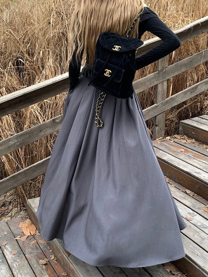 Qiukichonson Grey Midi Long Skirts Womens Maxi Skirt 2023 Autumn Winter Suit Skirt Goth Lolita High Waist Ruffle Pleated Skirts.