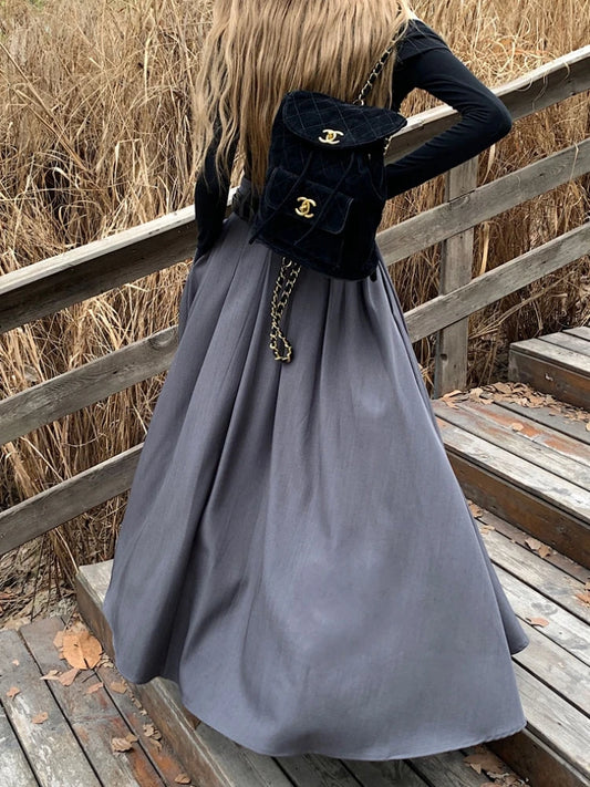 Qiukichonson Grey Midi Long Skirts Womens Maxi Skirt 2023 Autumn Winter Suit Skirt Goth Lolita High Waist Ruffle Pleated Skirts.