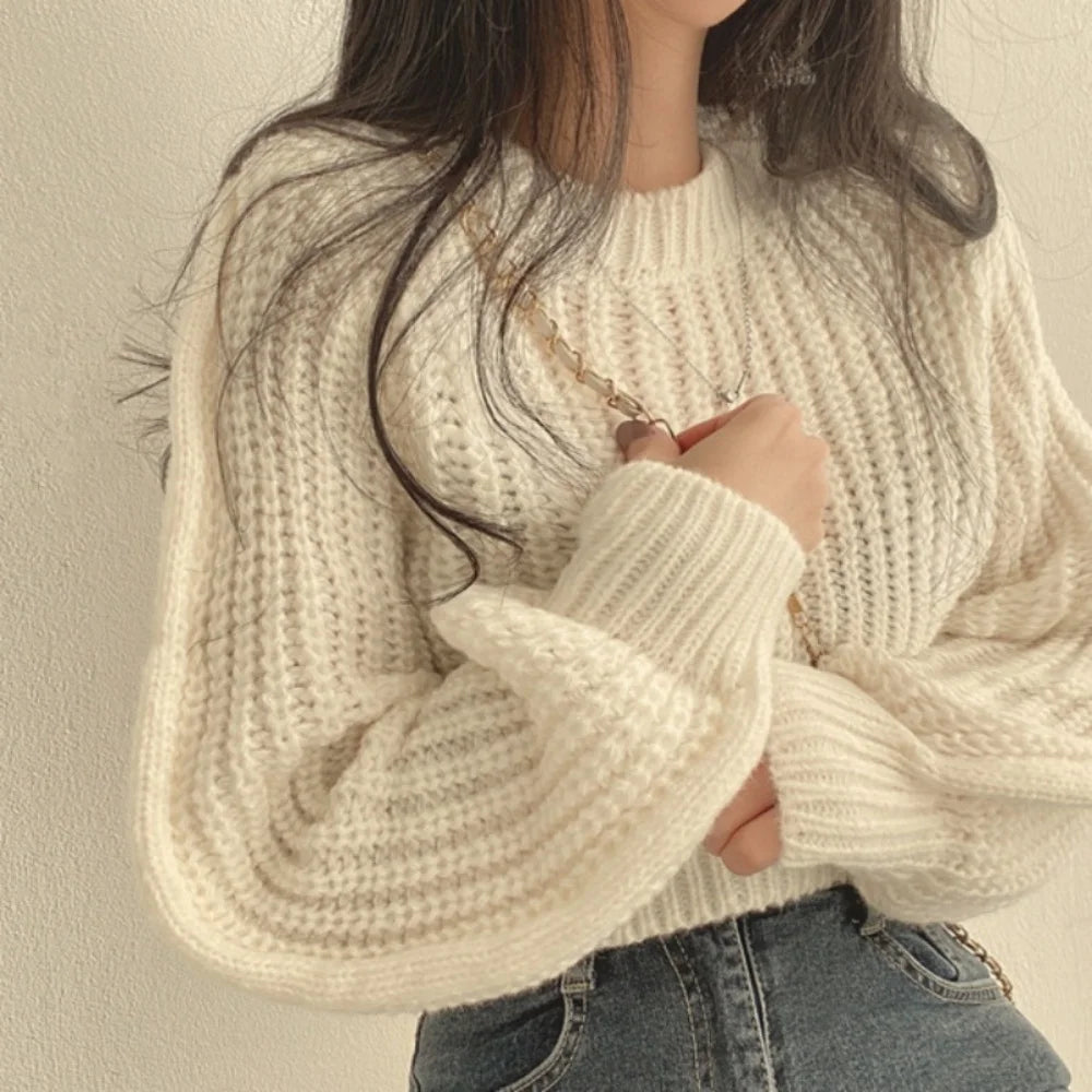 Koreanische Lose Langarm Pullover Mode Frauen Harajuku Laterne Stricken Oansatz Solide Grund Jumper Herbst Winter Weiche Warme Pullover.