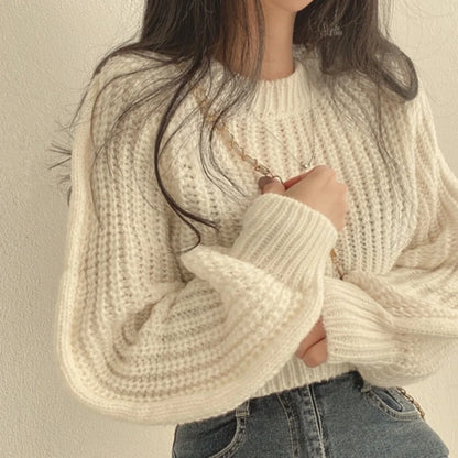 Koreanische Lose Langarm Pullover Mode Frauen Harajuku Laterne Stricken Oansatz Solide Grund Jumper Herbst Winter Weiche Warme Pullover.