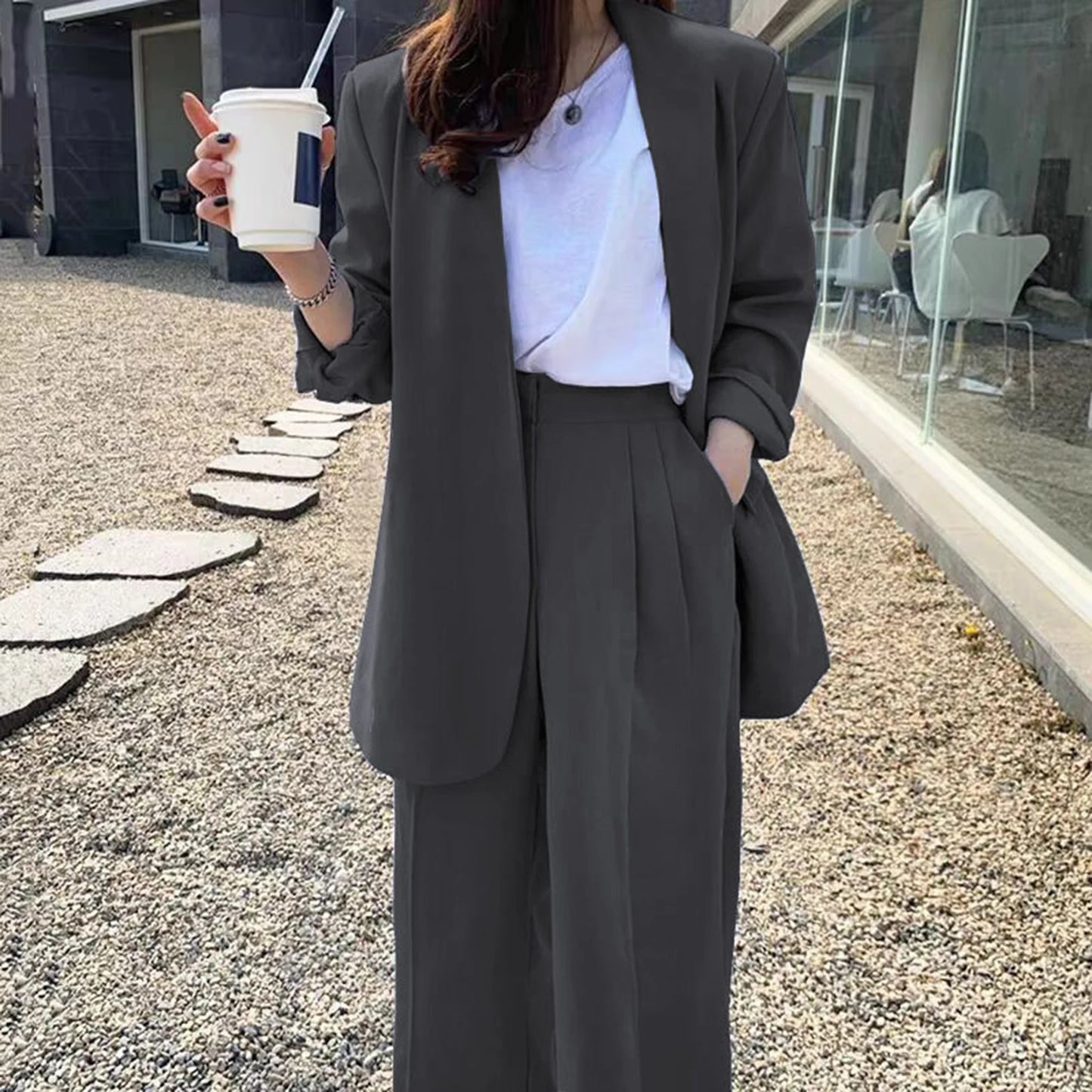 Wide Leg Suit Pants Set Elegant Women Business Suit Set Cardigan Jacket High Waist for Professional Lady Formal Coat Pants Set.
