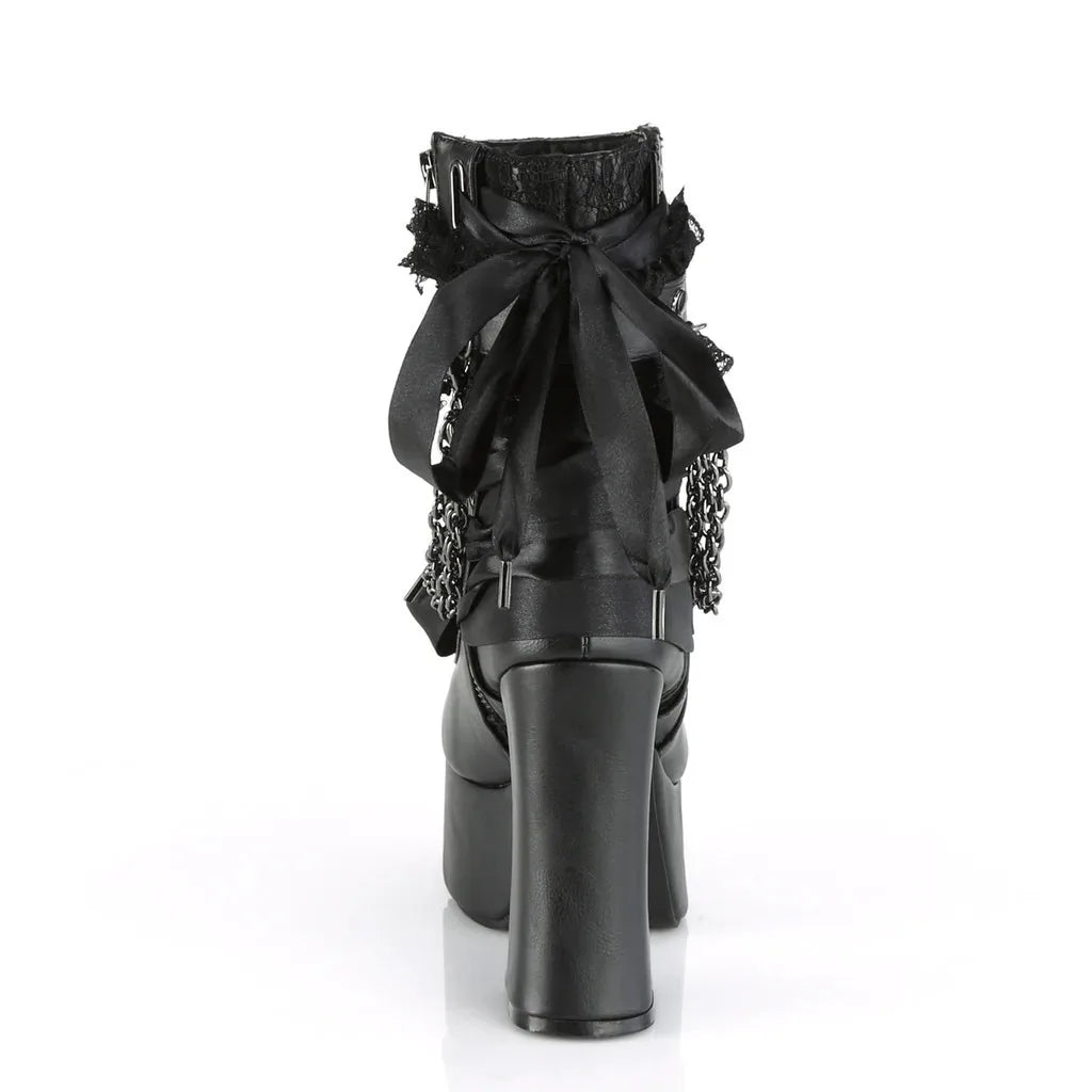Gothic Style Chain Lace Up Bow Women Short Boots Retro Round Toe Square Heel Chunky Platform Ankle Boots Punk Ladies Party Shoes.