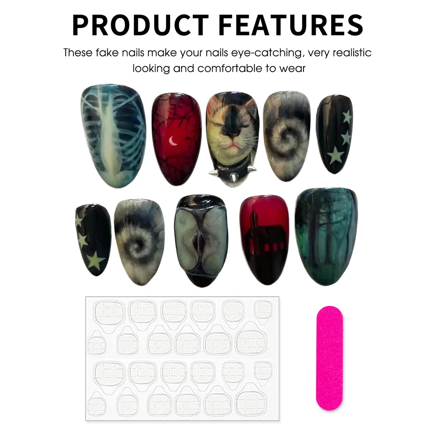 10pcs Dark Black Style Handmade Fake Nails Y2k Star Horor Foreat Designs Press On Nails Halloween Wearable Almond False Nail.