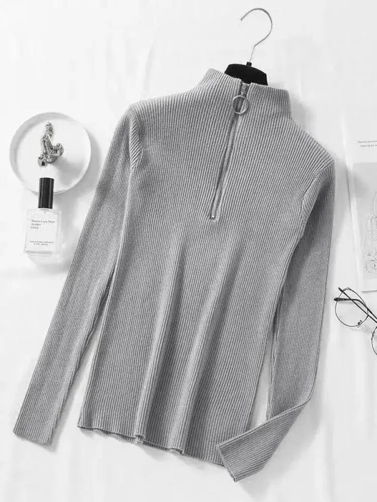 Frauen Fashion Solid Strick Pullover Vintage Langarm Zip-up Grundlegende Hälfte Rollkragenpullover Weibliche Pullover Chic Casual Tops