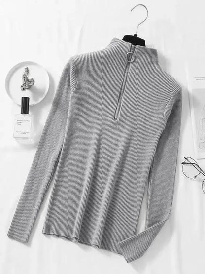Frauen Fashion Solid Strick Pullover Vintage Langarm Zip-up Grundlegende Hälfte Rollkragenpullover Weibliche Pullover Chic Casual Tops