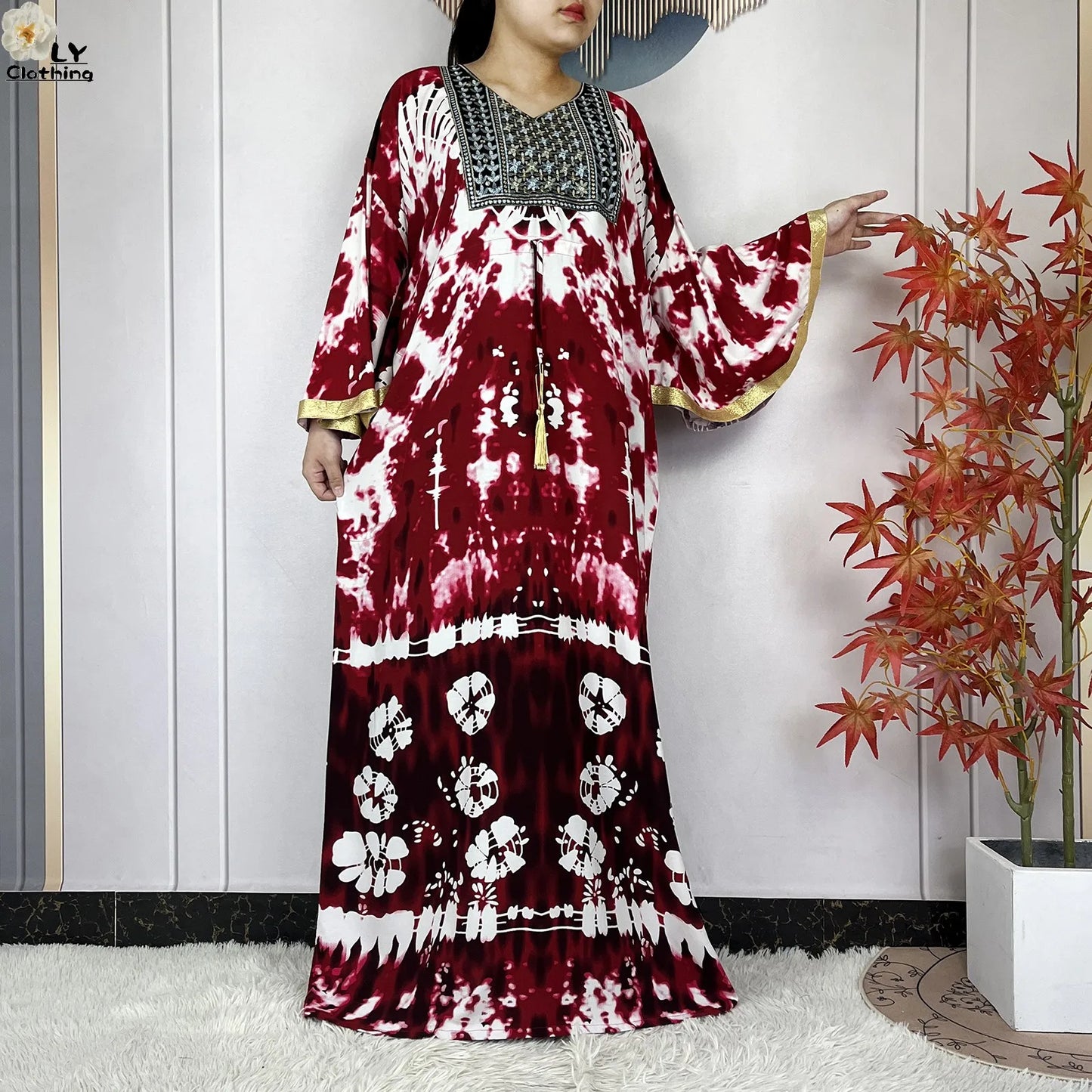2025 New African Abaya For Women Dress Loose Batwing Sleeve Pockets High-quality Tie-dye Pure Cotton Fabric Women Islam Clothing.