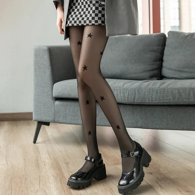 Punk Style Star Print Women Tights Y2K Thigh High Stockings Pantyhose Women Lingerie Sexy Slim Body Stockings Black Women Tights.