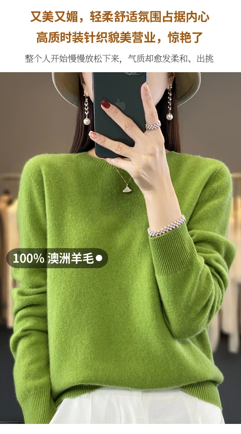 100% Merino Wool Sweater Women O-neck Cashmere Knitwear Female Pullover Autumn Winter Casual Tops Solid Color Soft  Clothing.
