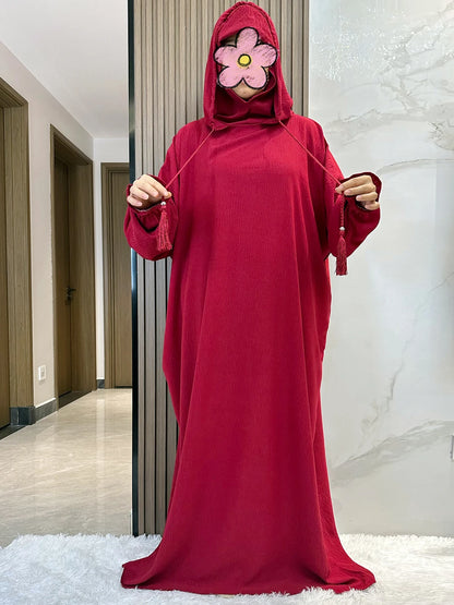 Muslim Abaya Solid Cotton Pullover Two Hat Women Eid Hooded Long Maxi Dress Turkey Kaftan Arab Robe Islamic Hijab Dubai Clothing.