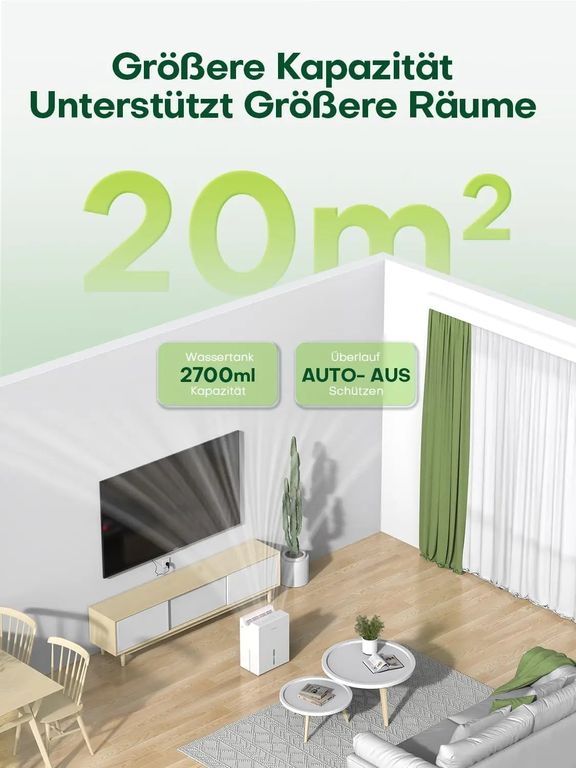 Dehumidifier for Bedroom 2000 ml, Double Hold Design, Drying Mode, Sleep Mode 30 dB, Automatic Defrost Function 24h Timer.