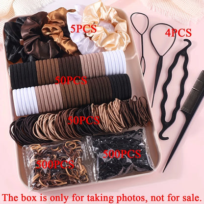 1109pcs Women Dark Hair Accessories Set Elastic Seamless Ponytail Scrunchies Small Rubber Bands Fashion Hair Ties Headbands.
