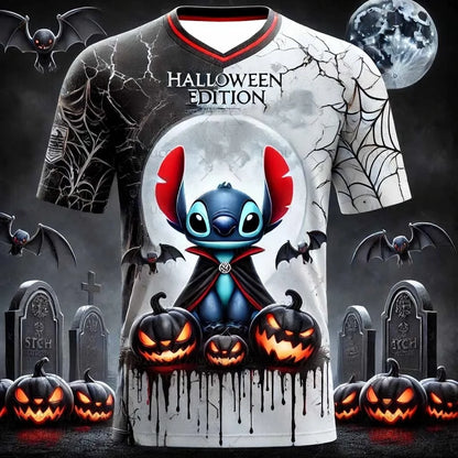 Disney Women's Men's Sports Jersey Halloween Stitch Print Short Sleeve Summer Graphic Tee Children Cartoon Size Sport T-Shirt.