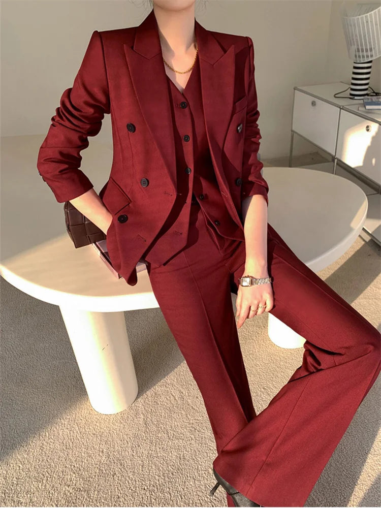 Burgundy Suit Set Women Spring 2023 Office Ladies Lapel Single Breasted Vest Wide Leg Pants Blazer Three Piece Set.