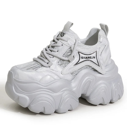 AUTUSPIN 10cm Pink Thick Soled Shoes for Summer Women Breathable Lace-up Ladies Sneakers Outdoor Casual Fashion Platform Shoes.