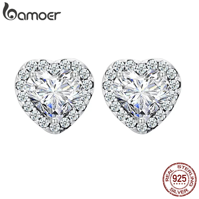 BAMOER Gold Plated Halo CZ Stud Earrings 925 Sterling Silver Hypoallergenic Classic Elegant Heart Earrings Jewellry BSE894.