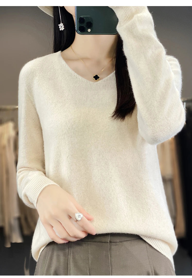 Women 100% Merino Wool Sweater V-Neck Basic Pullover Autumn Winter Cashmere Clothing Long Sleeve Soft Knitwear Tops Solid Color.