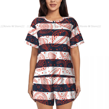 Damen-Pyjama-Set, kurzärmelig, nautisch, niedlich, gestreift, Marine-Muscheln und Fossilien, Nachtwäsche, Loungewear für Sommer-Nachtwäsche.