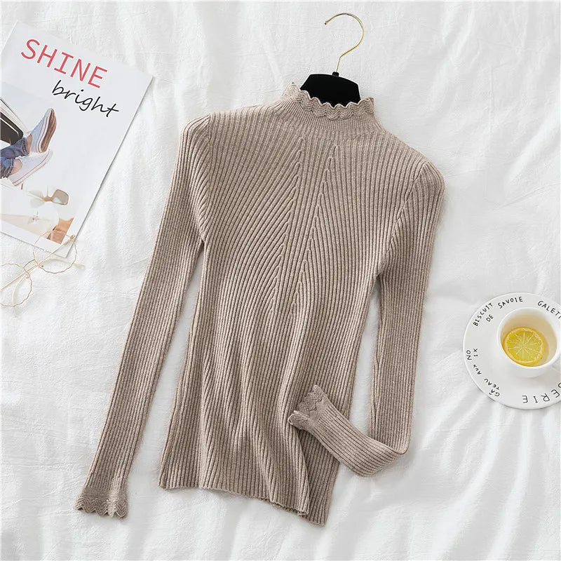 2026 weibliche Dünne Koreanische Strickwaren Tops Herbst Winter Pullover Frauen Hohl-out Pullover Langarm Rollkragenpullover