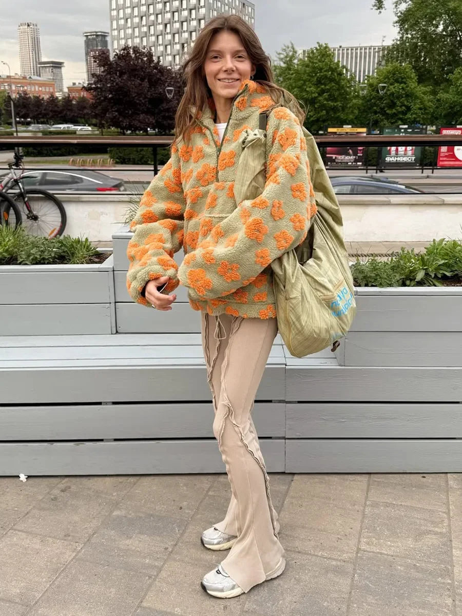 Sumuyoo Autumn Winter Women's Sherpa Floral Pullover Hoodies Half Zip Style Loose Fit Warm Stylish New Sweatshirt.