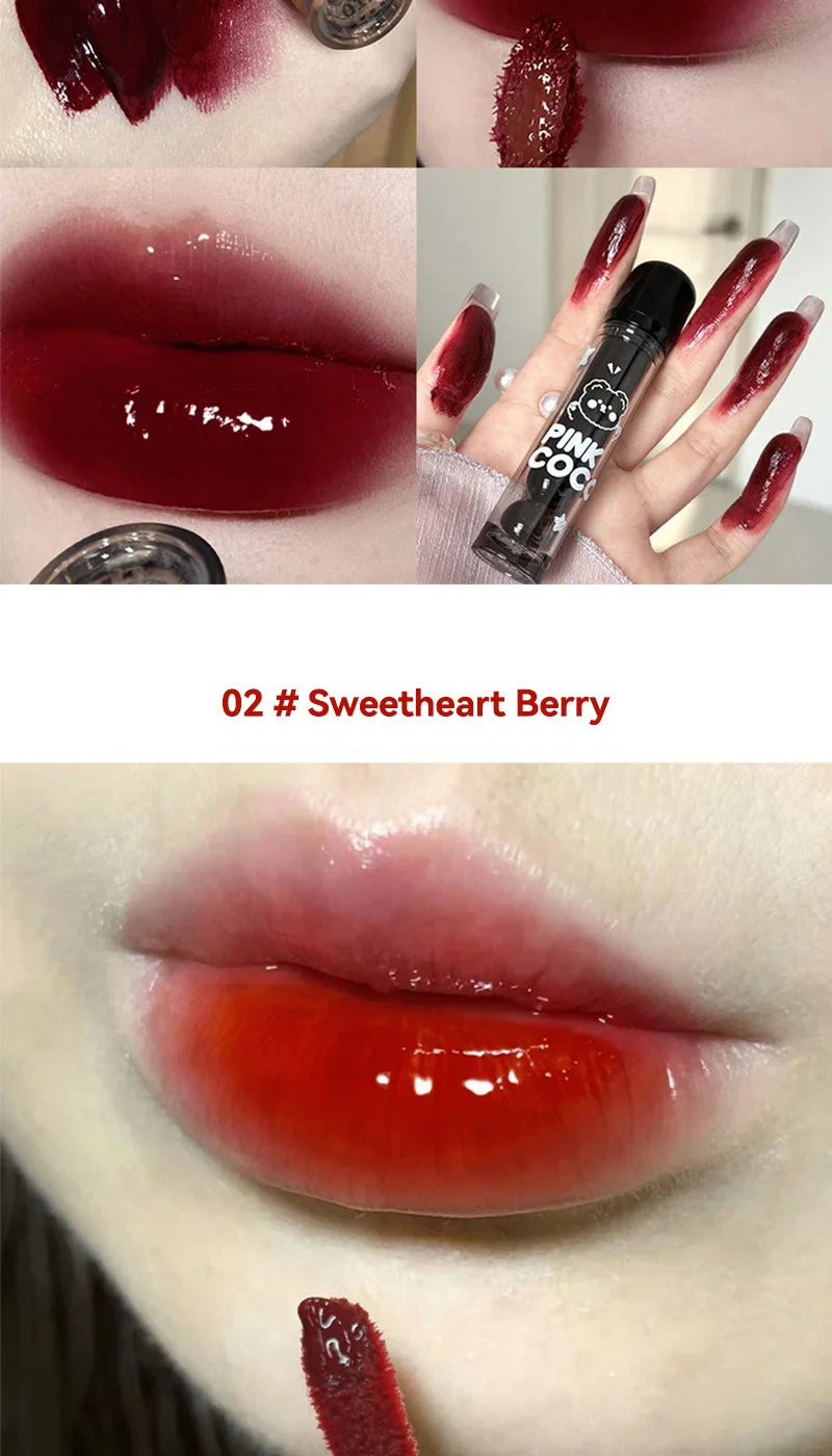 PINKCOCO Bear Doodle Mirror Lip Glaze — Long-Lasting Shiny Lip Gloss, Student-Friendly, Skin-Brightening Nude Lipstick.