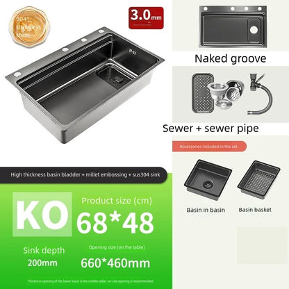 Black 304 Stainless Steel Kitchen Sink Household Multifunction Wash Dish and Vegetables Basin Large Single Slot Undermount Basin