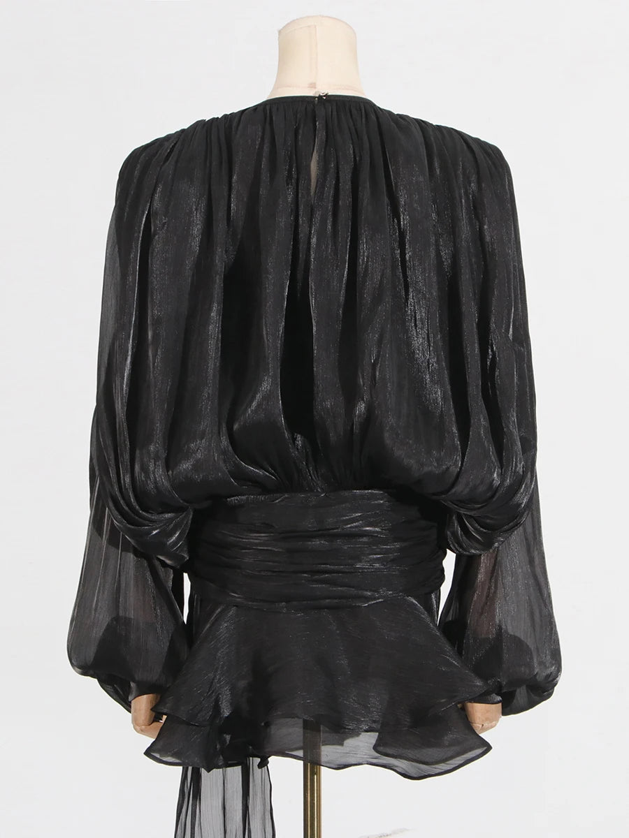 GALCAUR Solide Lose Splicd Lace Up Kleider Für Frauen V-ausschnitt Mit Langen Ärmeln Patchwork Rüschen Tunika Kleider Weibliche Mode Neue.