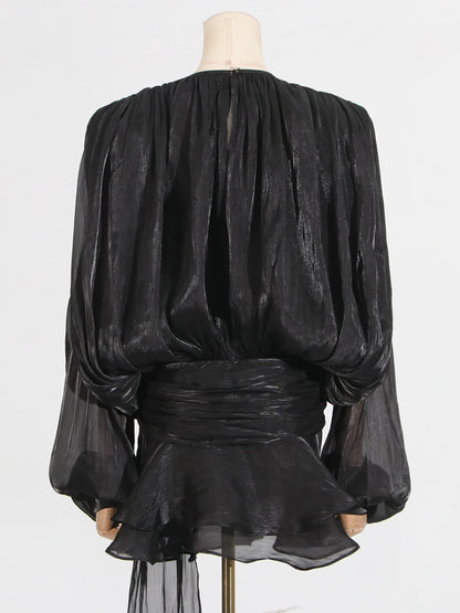 GALCAUR Solide Lose Splicd Lace Up Kleider Für Frauen V-ausschnitt Mit Langen Ärmeln Patchwork Rüschen Tunika Kleider Weibliche Mode Neue.