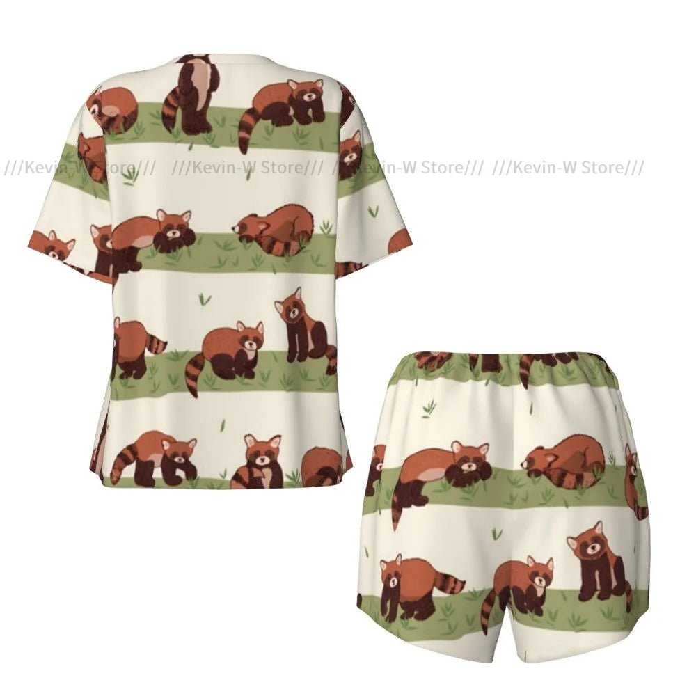 Damen-Pyjama mit kurzen Ärmeln, süßer roter Panda, 2-teilig, für Damen, Sommer-Nachtwäsche, Nachtwäsche, Homewear.