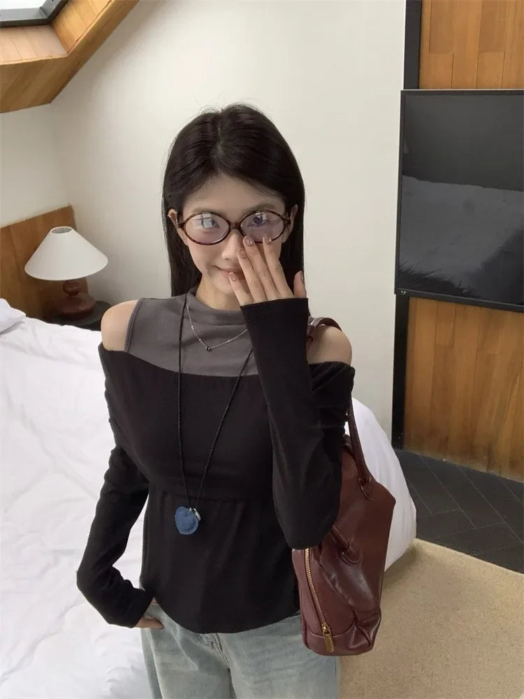 Retro American Shoulder Bared Long Sleeve T Shirt Women Spring Autumn Spicy Girl Fake Two Piece Base Shirt High Collar Polyester.