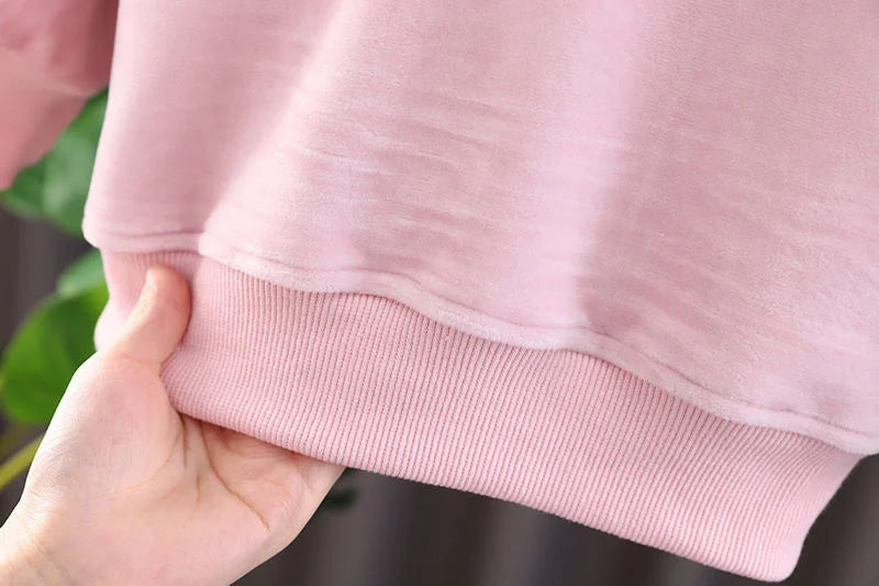 Baby Girls Warm Set Autumn Winter Lining Plush Thick Outfits Kids Cartoon Rabbit Ear Hoodie+Pants 2Pcs Children Casual Clothing.