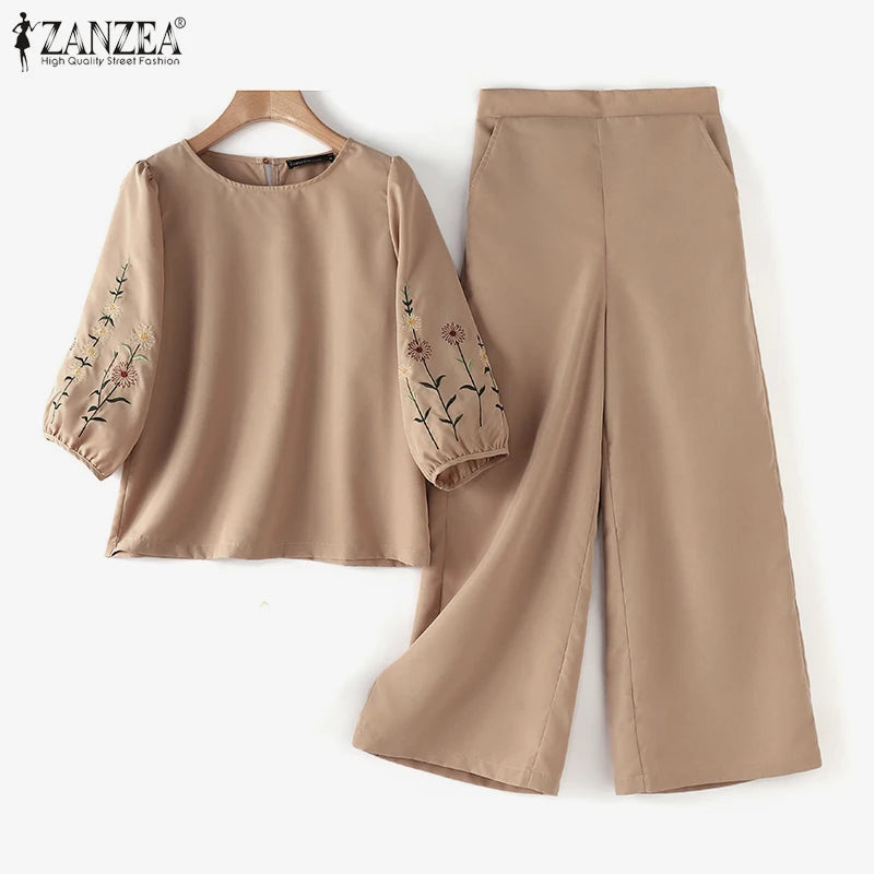 ZANZEA Fashion Women 3/4 Sleeve Embroidery Blouse Pants Sets Autumn 2PCS Floral Tracksuit Casual Loose Wide Leg Trousers Suits.