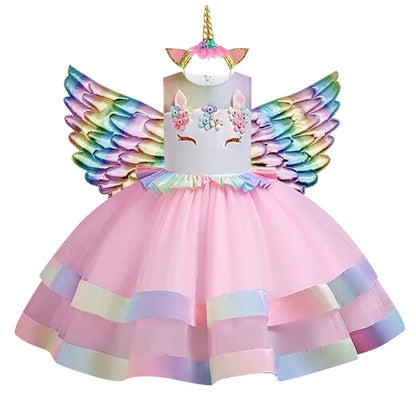 2023 Neues Regenbogen-Einhorn-Kleid für Mädchen, besticktes Tanzkleid, Halloween-Performance-Kleidung, Kinderkleidung, 3–10 Jahre alt