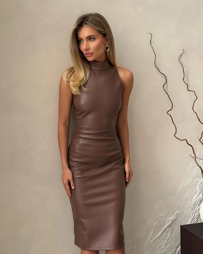 Europäischer und amerikanischer Stil, modisches PU-Leder, einfarbig, Spleißen, ärmellos, Stehkragen, schmale Passform, geteilte Hüfte.