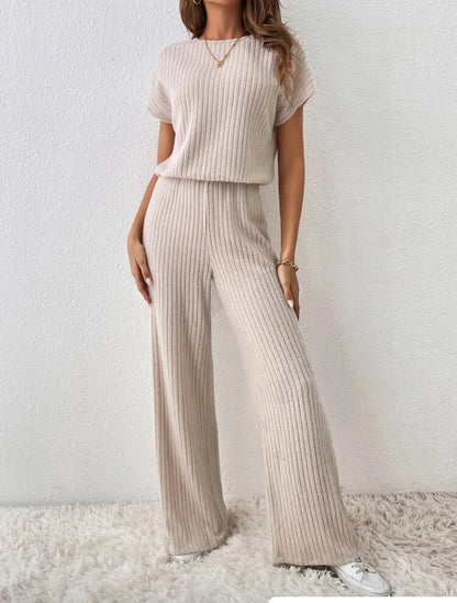 Two Piece Pant Sets Women Straight Pants Tops Pullover Short Sleeve Round Neck Spliced Top Solid Casual Streetwear Summer