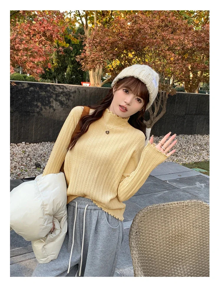 2025 Korea Geraffte Rollkragen Frauen Pullover Herbst Winter Warme Pullover Schlank Tops Gestrickte Pullover Jumper Weiche Pull Weibliche.
