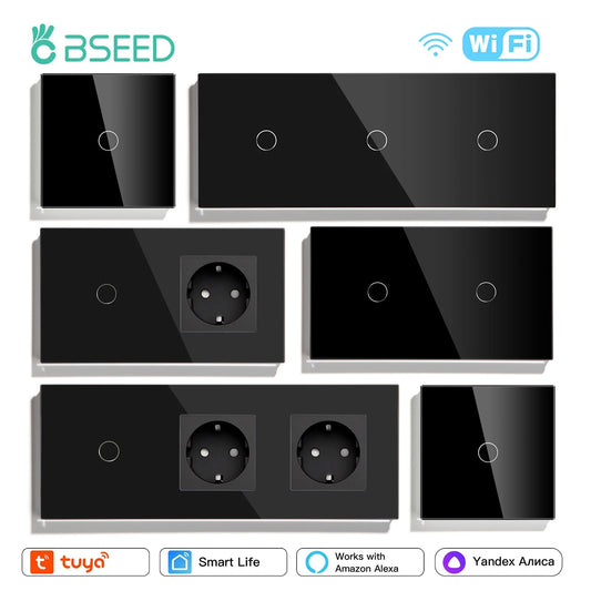 BSEED Wifi 1/2/3Gang Licht Schalter Touch Sensor Glas Schalter Tuya Smart Leben Alexa Control Plus EU Steckdosen Neutral Draht.