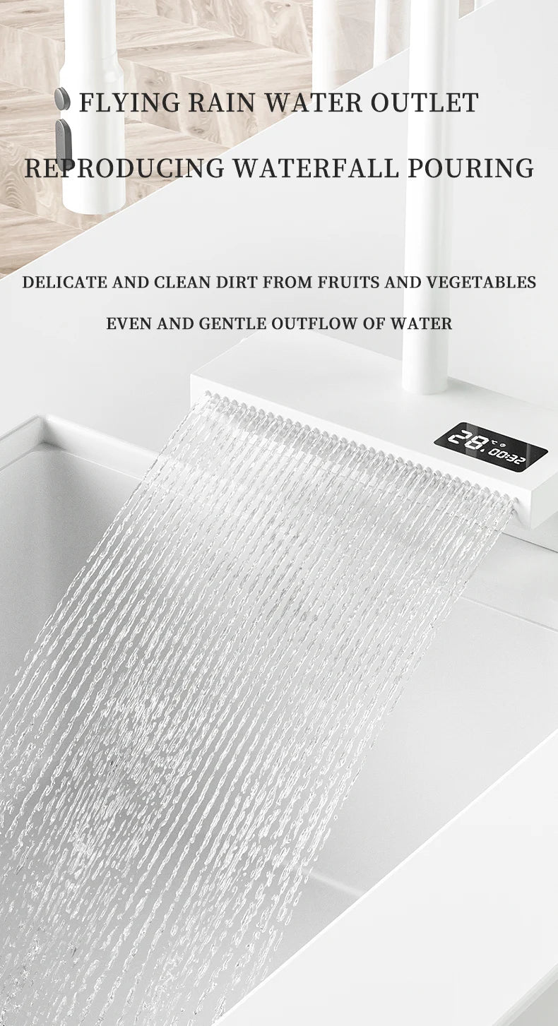White Stainless Steel Kitchen Sink with Digital Display Multifunction Waterfall Faucet large Wash Basin for Kitchen Accessories