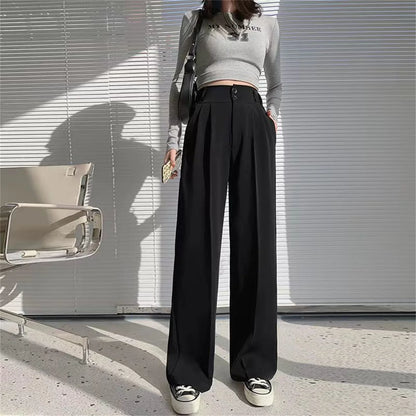Fashion High Waist Wide Leg Pants Women Spring Fall Baggy Black Trouser Office Ladies Full Length Straight Suit Pant Outwear New.
