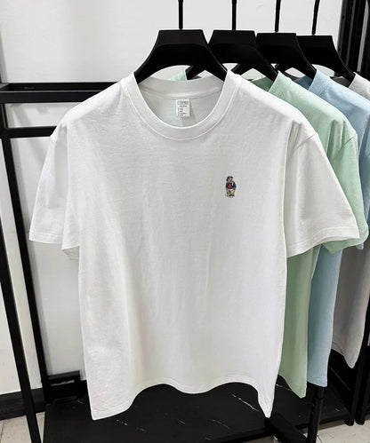 Light luxury 100% cotton men's T-shirt short sleeve round neck skin friendly comfort fashion brand cartoon bear embroidered top.
