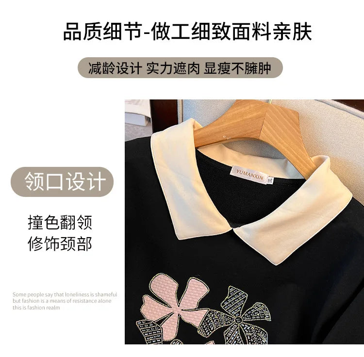 170 kg Plus Size Damen-Büste 170 Frühling Herbst Loose Diamond Collared Sweatshirt Schwarz 4XL 5XL 6XL 7XL 8XL 9XL.