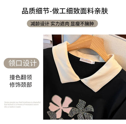 170 kg Plus Size Damen-Büste 170 Frühling Herbst Loose Diamond Collared Sweatshirt Schwarz 4XL 5XL 6XL 7XL 8XL 9XL.