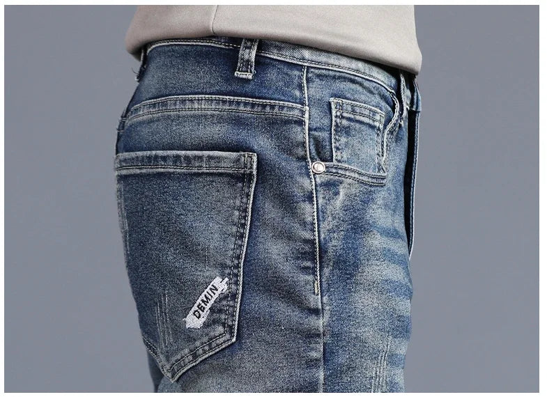 New Men's Vintage Jeans Korean Fashion Slim Little Feet Embroidered Trousers Stretch Male Streetwear Denim Pants.