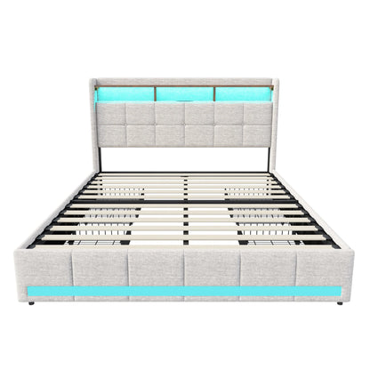 Lazyspace Bettgestell aus Leinen mit Stauraum, gepolstertes Bett mit 4 Schubladen, LED-Licht und USB-Aufladung vom Typ C, Schlafzimmermöbel