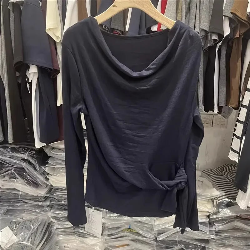 Women's Long Sleeve Striped T-Shirt Shoulder Baring Side Tie Base Shirt Versatile Autumn Fashion Design Cotton Top.