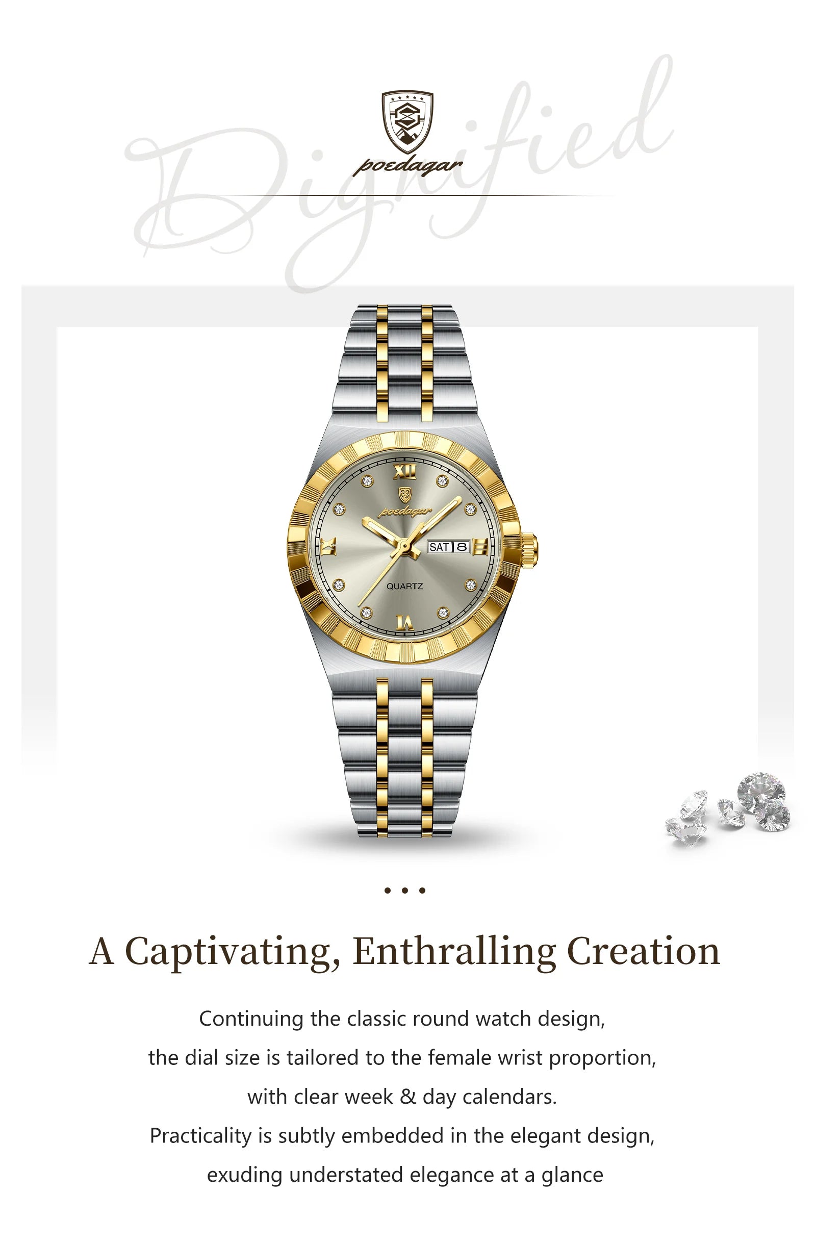 POEDAGAR Luxury Original Ladies Watch Luminous Waterproof Week Date Woman Wristwatch Stainless Steel Women Quartz Watches Female.