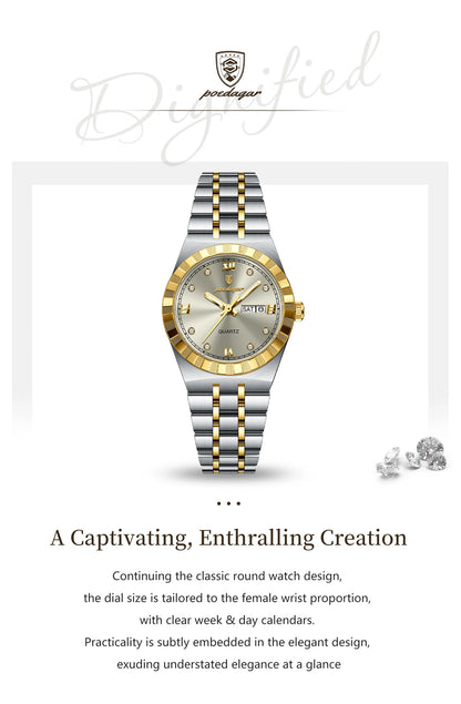 POEDAGAR Luxury Original Ladies Watch Luminous Waterproof Week Date Woman Wristwatch Stainless Steel Women Quartz Watches Female.