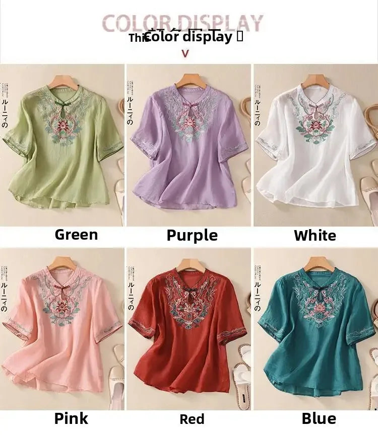 Retro Chinesischen Stil Lose Fit Baumwolle Leinen Kurzarm Shirt frauen Sommer Schwere Stickerei Abnehmen Top Flagge Kleid.