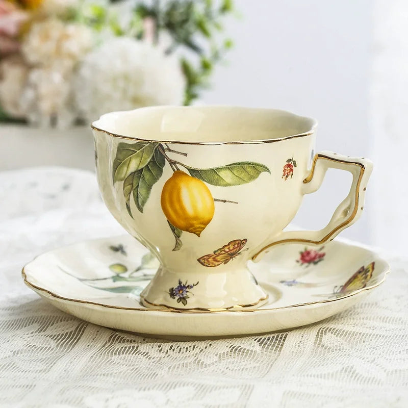 European Style Ceramic Mug Coffee Cup and Saucers Set Lemon Pattern Retro Afternoon tea cup Dessert Plate Teapot Home kettle.
