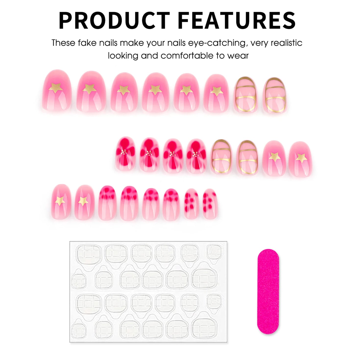 24pcs Sweet Pink Flower Press On Nails Glossy Short Almond Full Cover Stick-on Nails Gold Stripe Blush Artificial False Nails.