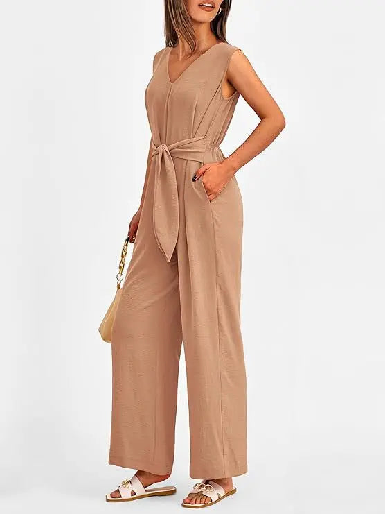 Summer High Waist Lace-up Jumpsuits Women 2025 New Sleeveless V-neck Side Pocket Solid Casual Jumpsuit Office Ladies Rompers